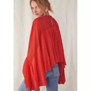 Free People On The Weekend Top Red Drape Blouse Tunic XS Boho sheer Persimmon